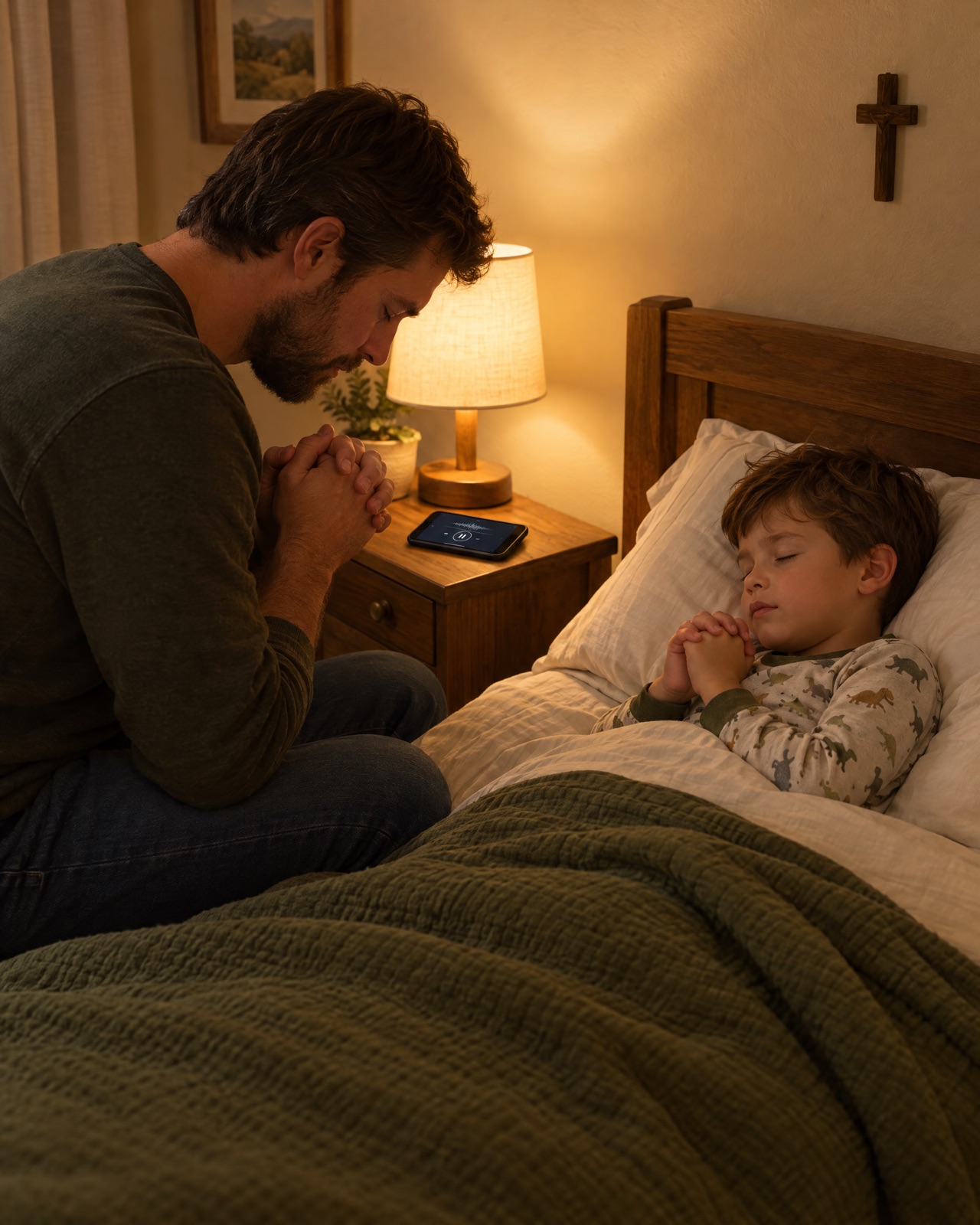 A father and his little son praying at bedtime