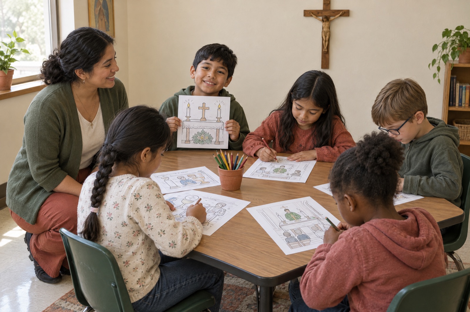 A catechist with children working on printed Mass activities
