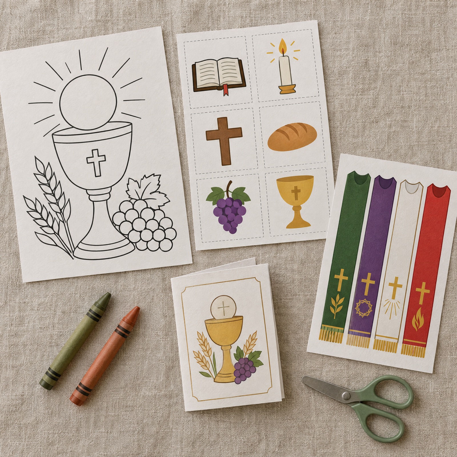 Printed activity sheets, cards and a mini booklet on a linen cloth