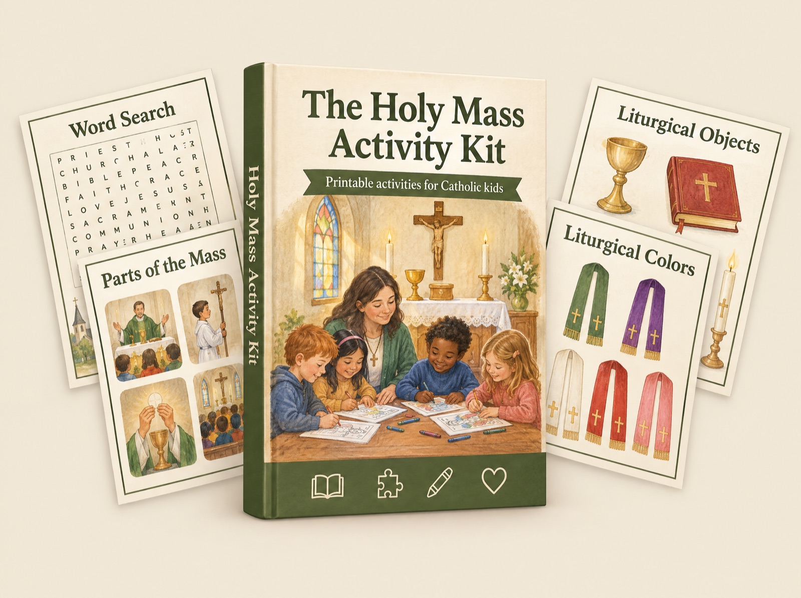 The Holy Mass Activity Kit cover with sample pages: word search, parts of the Mass, liturgical colors and liturgical objects