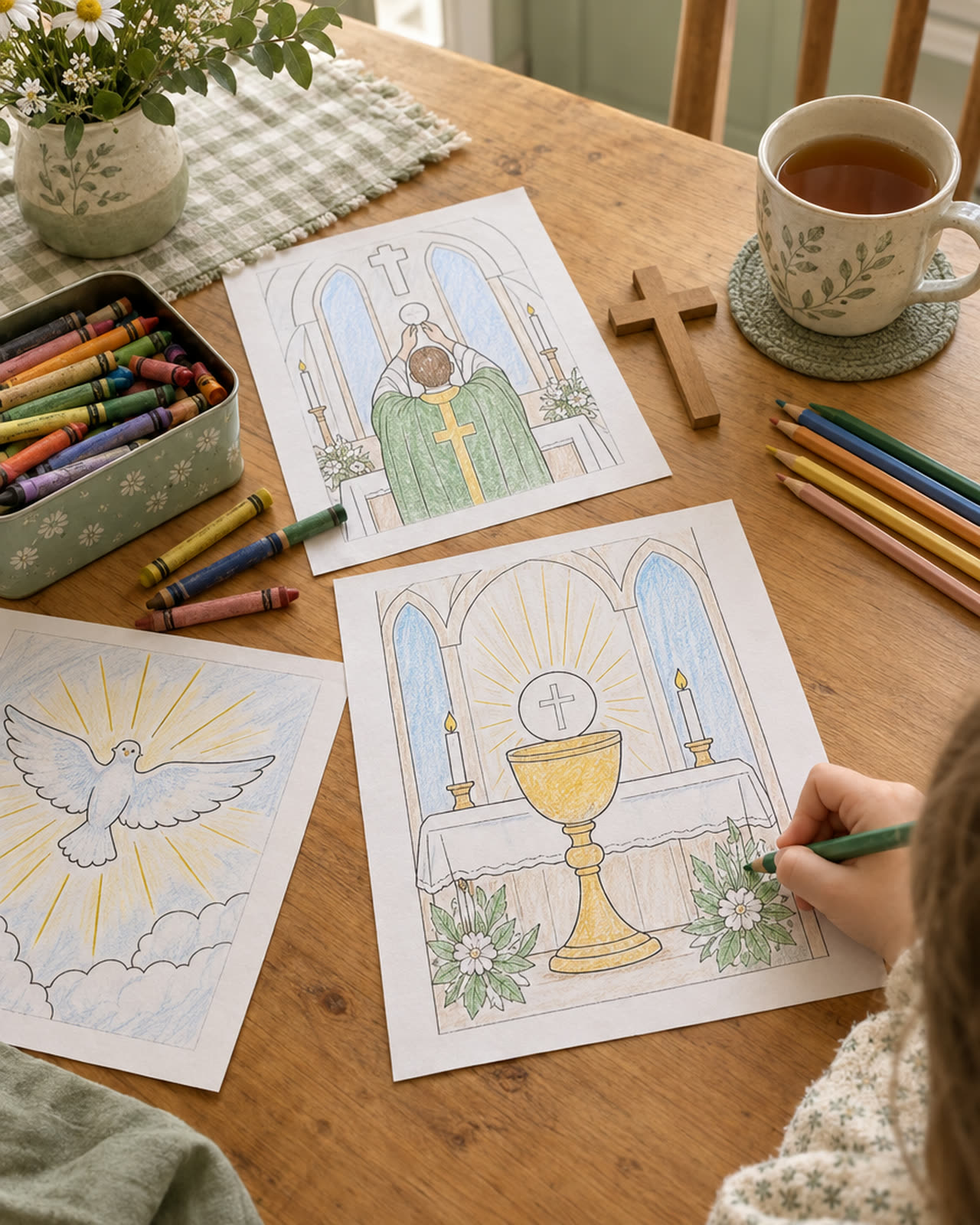 Half-colored Mass pages, crayons and a small wooden cross on a family kitchen table