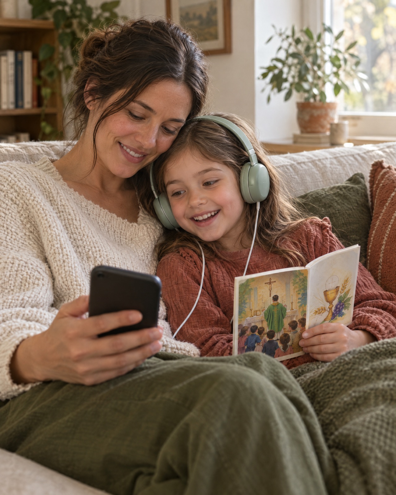 A mother and daughter sharing headphones on the sofa, the girl smiling with a colored booklet