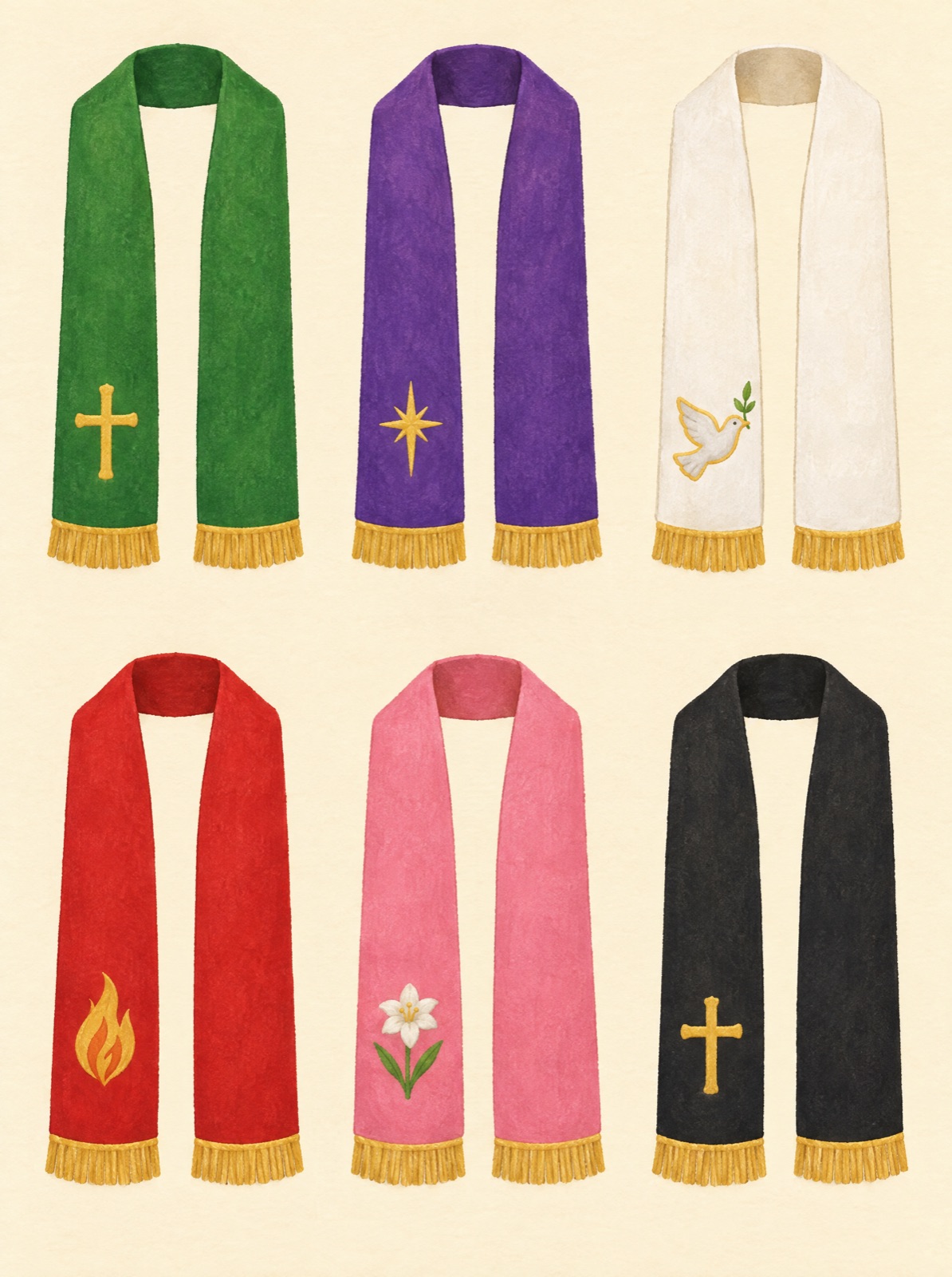 Six priest stoles in the liturgical colors