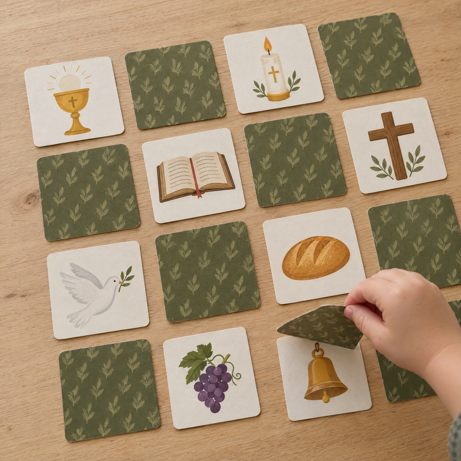 Memory game cards with a chalice, candle, bible, cross and bell
