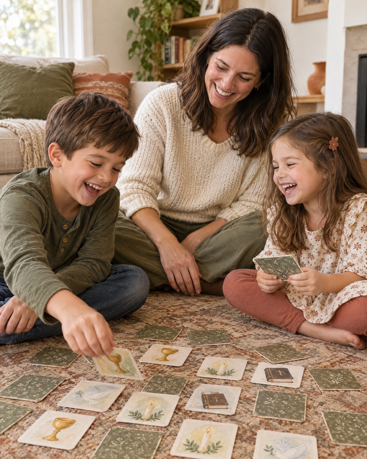 Two children laughing as they play a memory card game with their mother